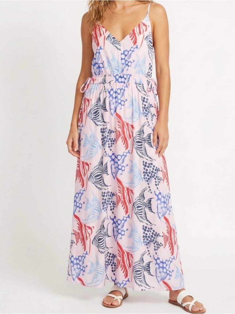 Women's LOFT Fish Tropical Boho Beach Double Side Tie Maxi Dress Large Petite